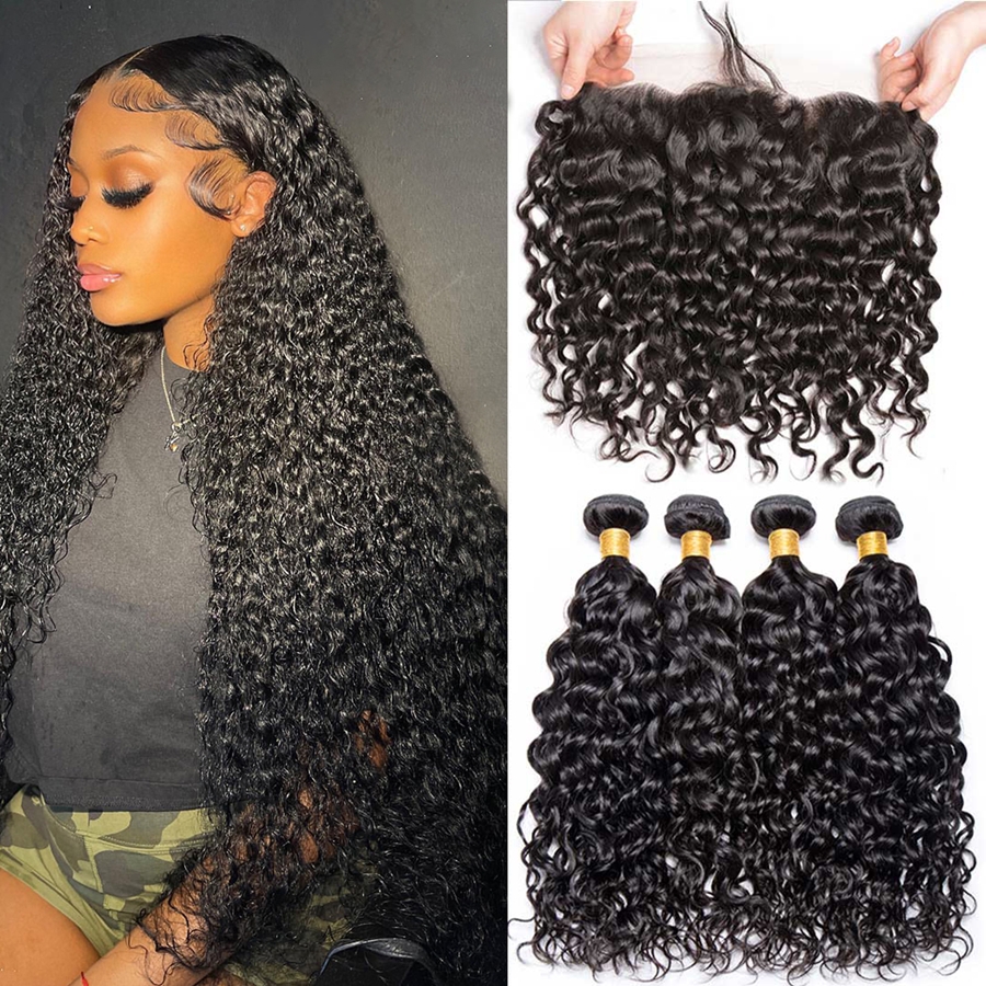 Virgin Water Wave Hair Bundles With 13x4 Medium Brown Lace Frontal